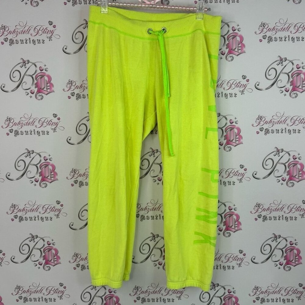 Victoria's Secret sweat pants joggers yellow Neon Lime pants tie up waist 2012